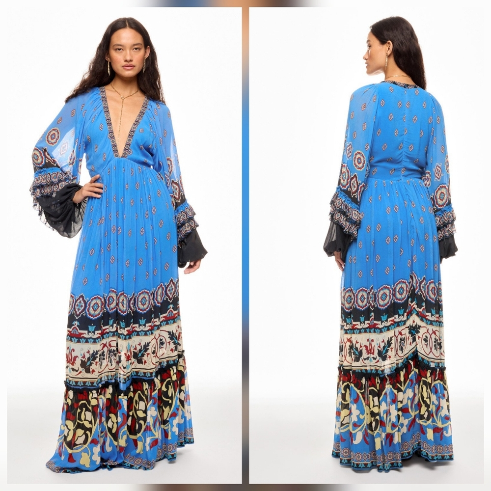 FARM Rio Anika Tiles Blue Maxi Dress Gown Long Sleeve V-Neck Size XS